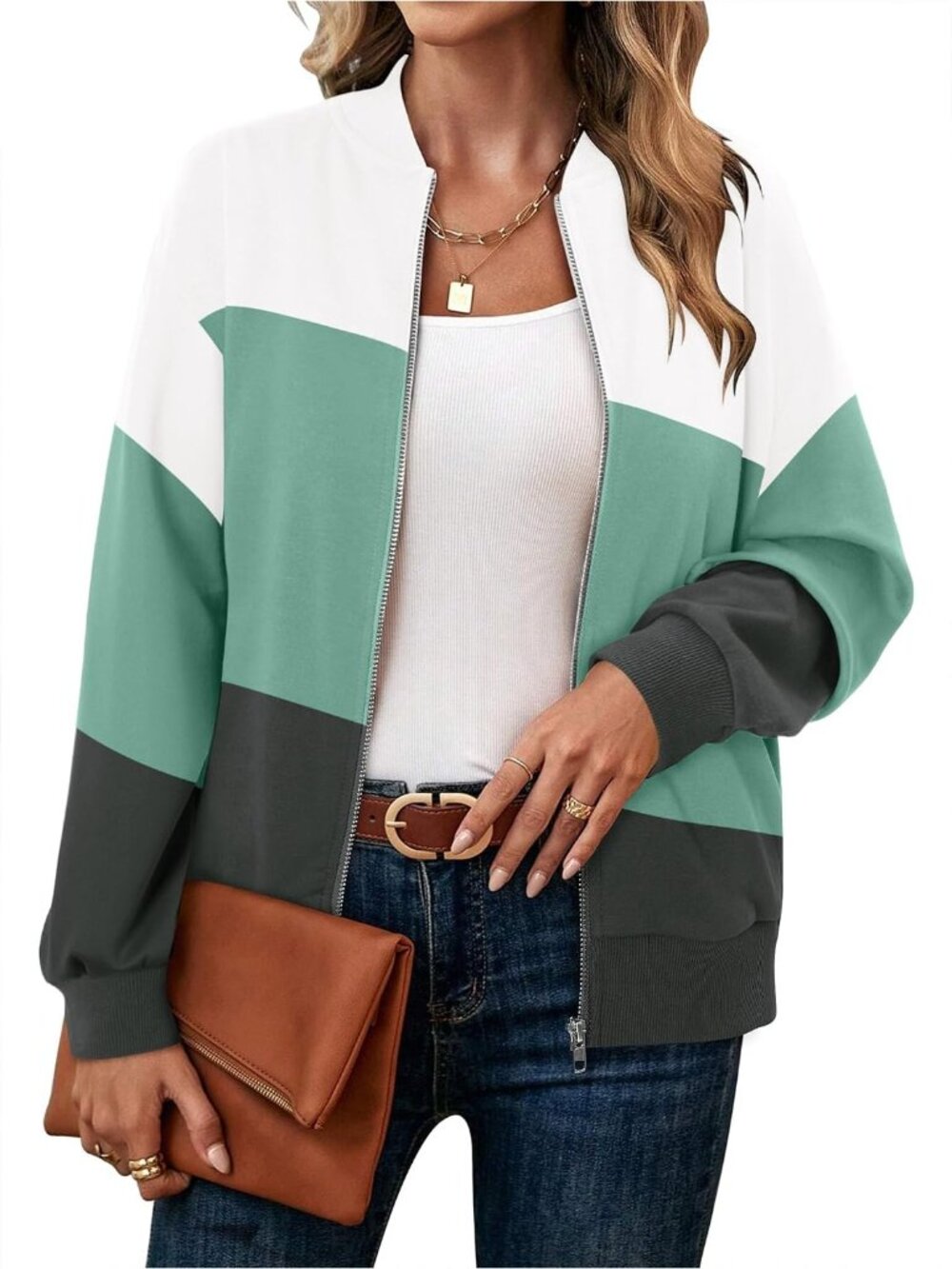 🆕 Women's Green White Gray Color Block Bomber Jacket Zip Up Casual Coat